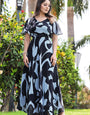Dashing Teal & Black V - Neck Digital Print Georgette Maxi Dress