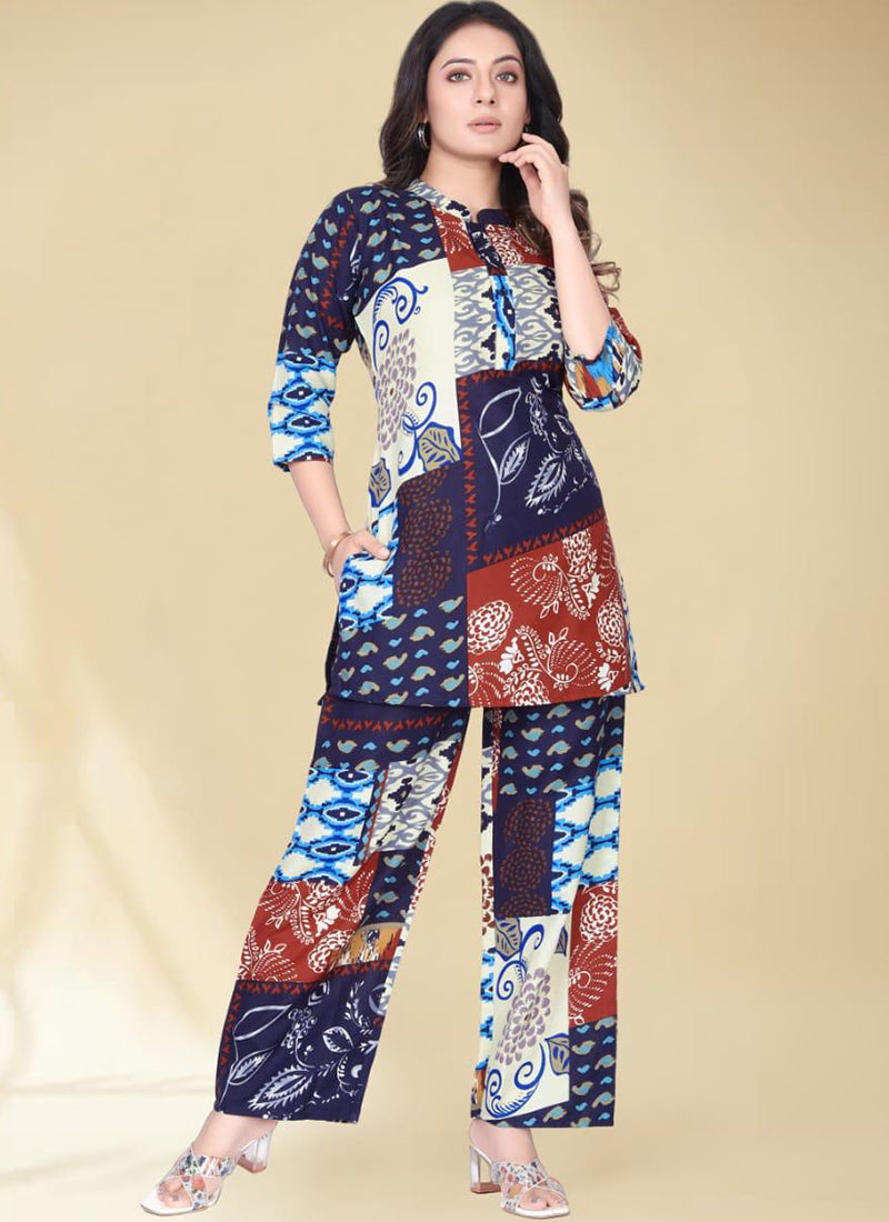 Multi Color Abstract Printed Front Placket Cotton Palazzo Cord Set