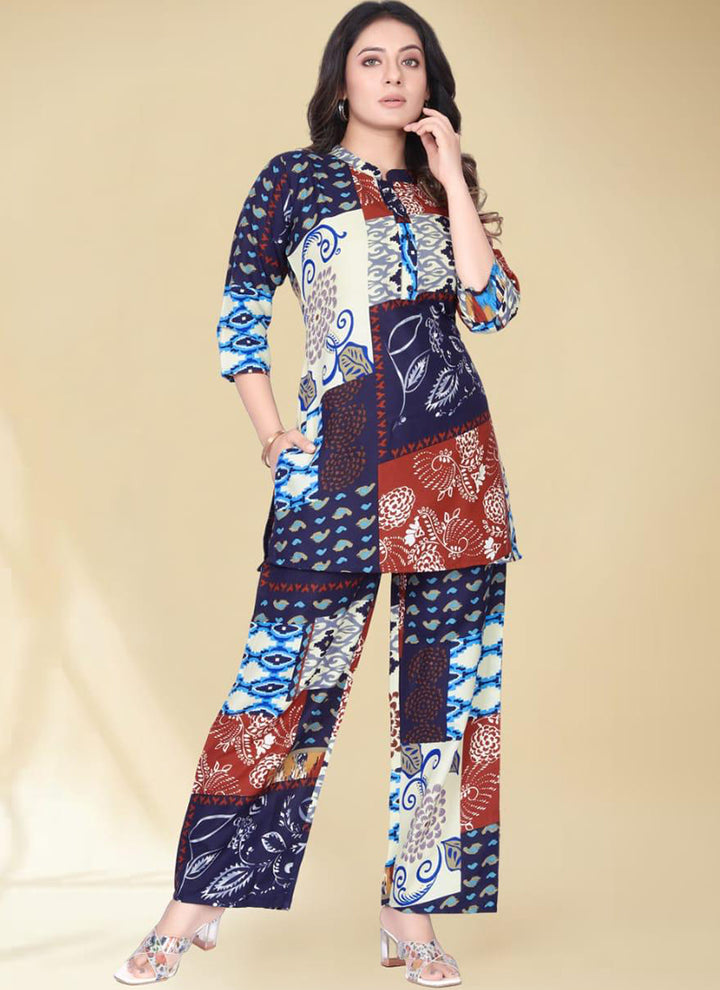 Multi Color Abstract Printed Front Placket Cotton Palazzo Cord Set