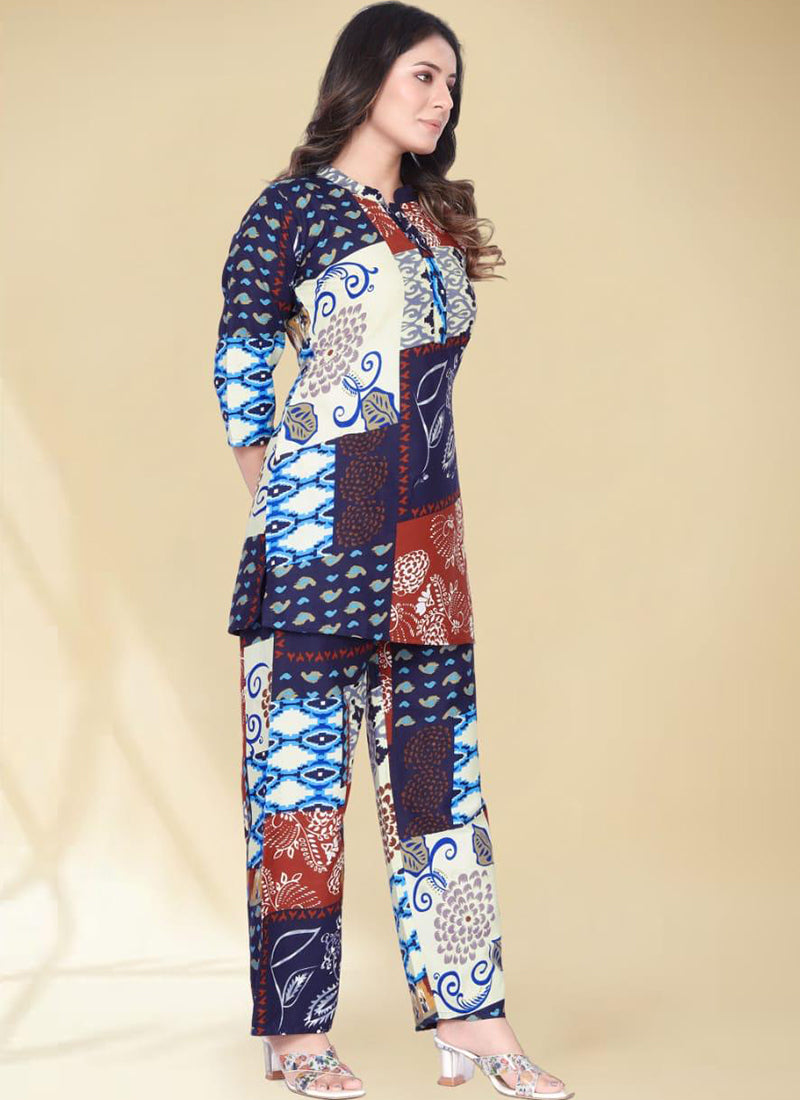 Multi Color Abstract Printed Front Placket Cotton Palazzo Cord Set