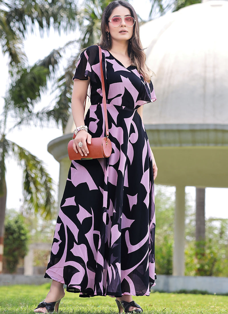 Charming Lavender & Black Color Ankle Length Georgette Maxi Dress  Shinisha