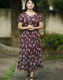 Maroon Flower Printed Gathered Details Party Wear Maxi Dress