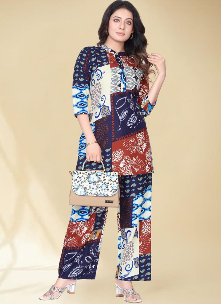 Multi Color Abstract Printed Front Placket Cotton Palazzo Cord Set