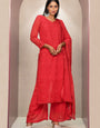Red Faux Georgette Chikankari Palazzo Style Kurta Set