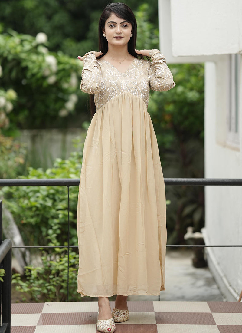 beige color maxi dress Flower Beaded L shoulder gown that exudes timeless sophistication Elegant Beige Silk Maxi Dress: