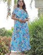 Lordly Sky Blue Color Midi Calf Length Digital Print Dress