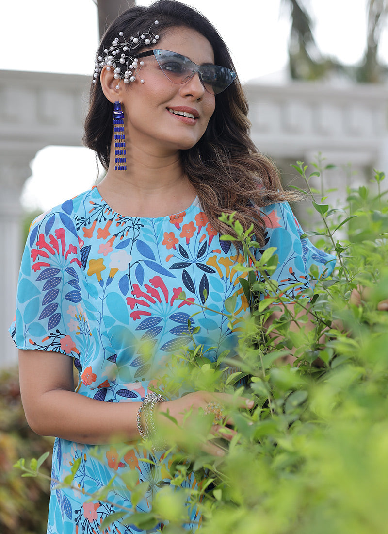 Lordly Sky Blue Color Midi Calf Length Digital Print Dress