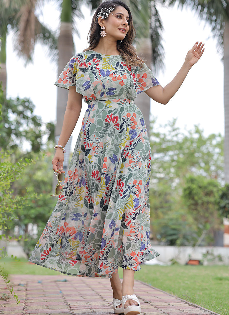 Energetic Multi Color Ankle Length Digital Print Maxi Dress