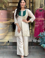 Off White And Green Embroidered Kurta With Palazzo Pant