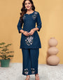 Blue Viscose Rayon Embroidered Cord Set