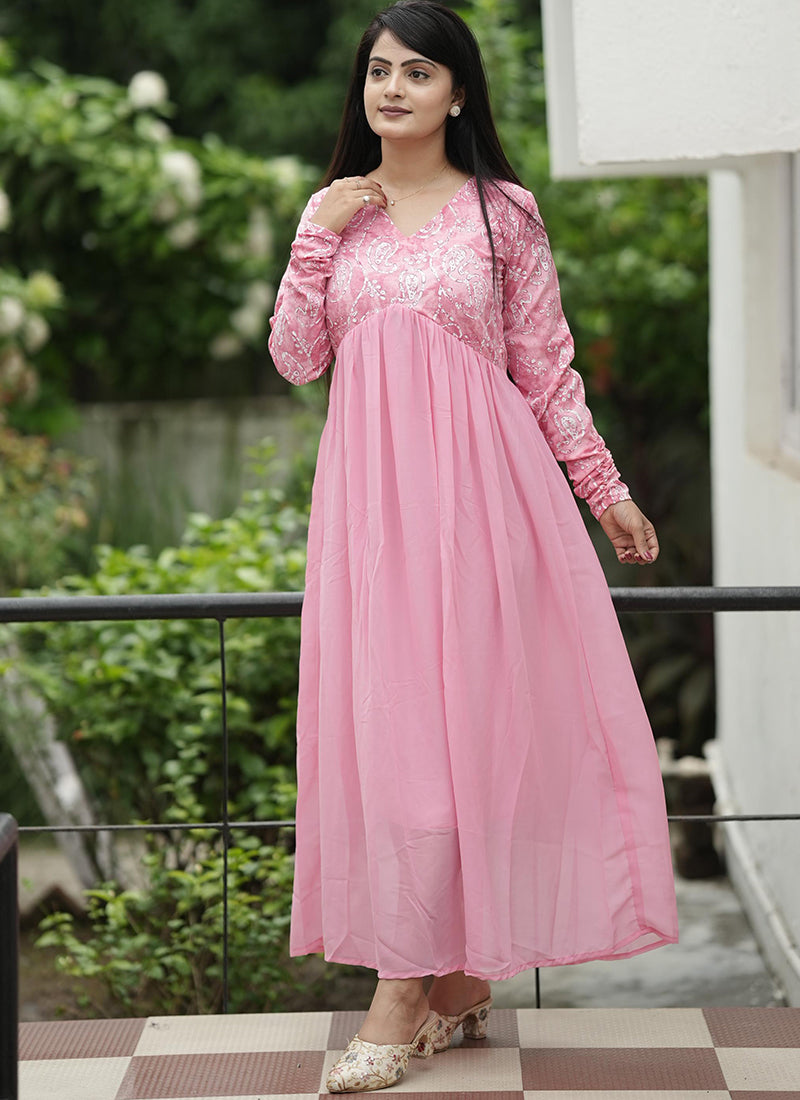 Pink Georgette Dress Floral Party Wear Maxi Dress Shinisha Pink Georgette Dress Floral Party Wear Maxi Dress Shinisha