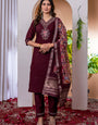 Wine Viscose Silk Embroidered V-Neck Salwar Suit
