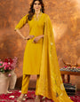 Mustard Yellow Roman Silk Embroidered Kurta Set For Haldi