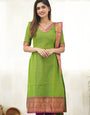 Leaf Green Kanchi Cotton Woven V-Neck Casual Kurta And Dupatta