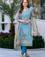 Sky Blue Silk Blend Printed Kurta Set For Festive