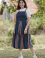 Navy Blue Stripes Printed Rayon Shirring Dungaree Dress