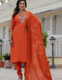 Orange Roman Silk Embroidered Kurta Set For Festive