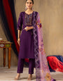 Purple Roman Silk Thread Work Salwar Set For Ceremonial