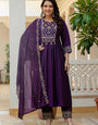 Purple Viscose Roman Silk Layered Kurta Set