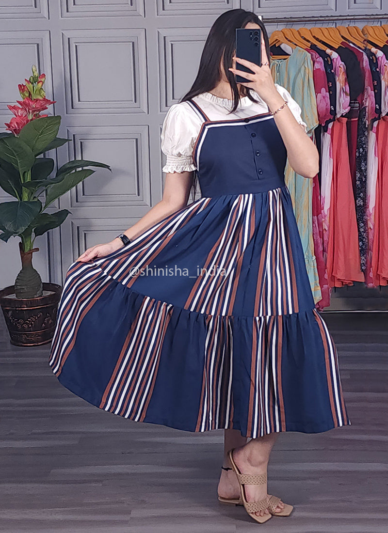 Navy-blue Printed Dungaree Dress – Shinisha