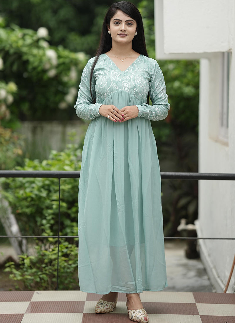 Georgette Ethnic Dress Sea Green Printed Maxi dress Shinisha Georgette Ethnic Dress Sea Green Printed Maxi dress Shinisha
