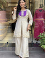 Off White And Purple Embroidered Kurta With Palazzo Pant