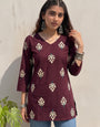Wine Cotton Floral Printed Office Wear Kurti