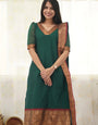 Green Kanchi Cotton Woven V-Neck Casual Kurta And Dupatta