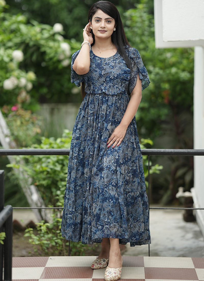 Blue Georgette Abstract Printed Festive Dress Shinisha Blue Georgette Abstract Printed Festive Dress Shinisha