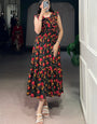Black Muslin Silk Tiered Floral Printed Midi Dress