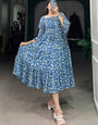 Blue Leaf Printed Georgette Party Wear Dress