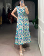 Cream And Firozi Muslin Silk Floral Printed Midi Dress
