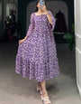 Purple Leaf Printed Georgette Party Wear Dress
