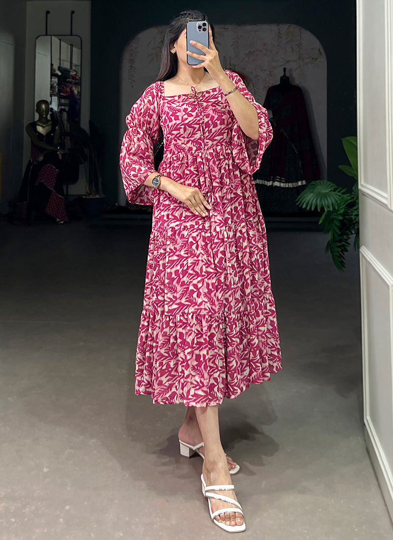 Dark Pink Leaf Printed Georgette Party Wear Dress – Shinisha