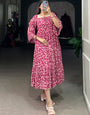 Dark Pink Leaf Printed Georgette Party Wear Dress