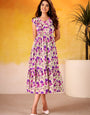 Muslin Silk Cream And Purple Floral Printed Midi Dress
