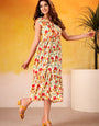 Cream And Red Muslin Silk Floral Printed Midi Dress