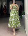 Green Flower Printed Vichitra Silk Midi Dress