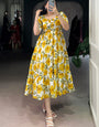 Mustard Flower Printed Vichitra Silk Midi Dress