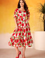 Flower Printed Red Vichitra Silk Party Wear Midi Dress