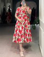 Red Flower Printed Vichitra Silk Midi Dress