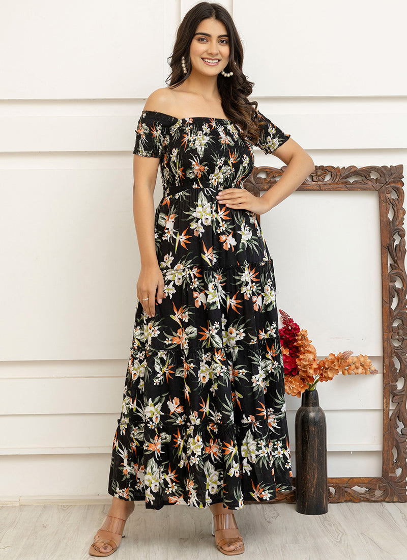off the shoulder rayon dress Black Flower Printed Rayon Off Shoulder Maxi Dress – Shinisha