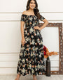 Black Flower Printed Rayon Off Shoulder Maxi Dress