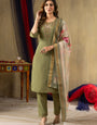 Green Shimmer Silk Embroidered Kurta Set For Festive