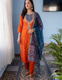Orange Cotton Blend Embroidered Kurta Set