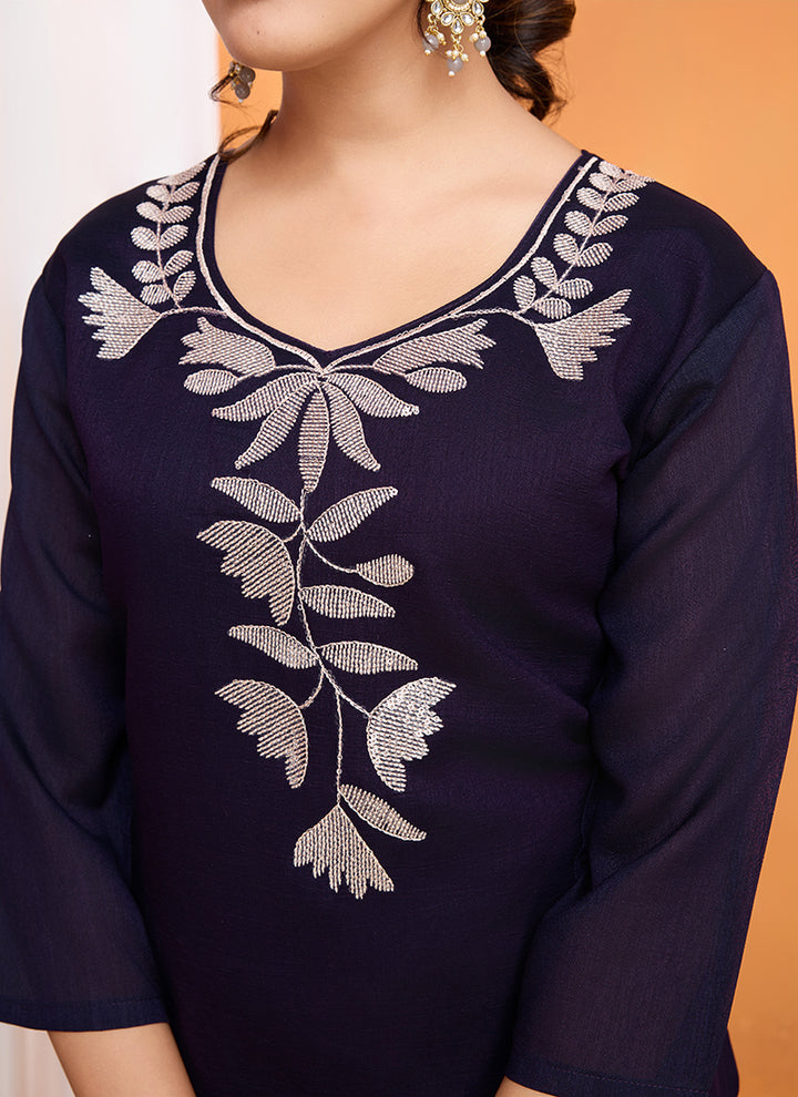 Purple Vichitra Silk Sequence Work Kurta With Trousers & Dupatta