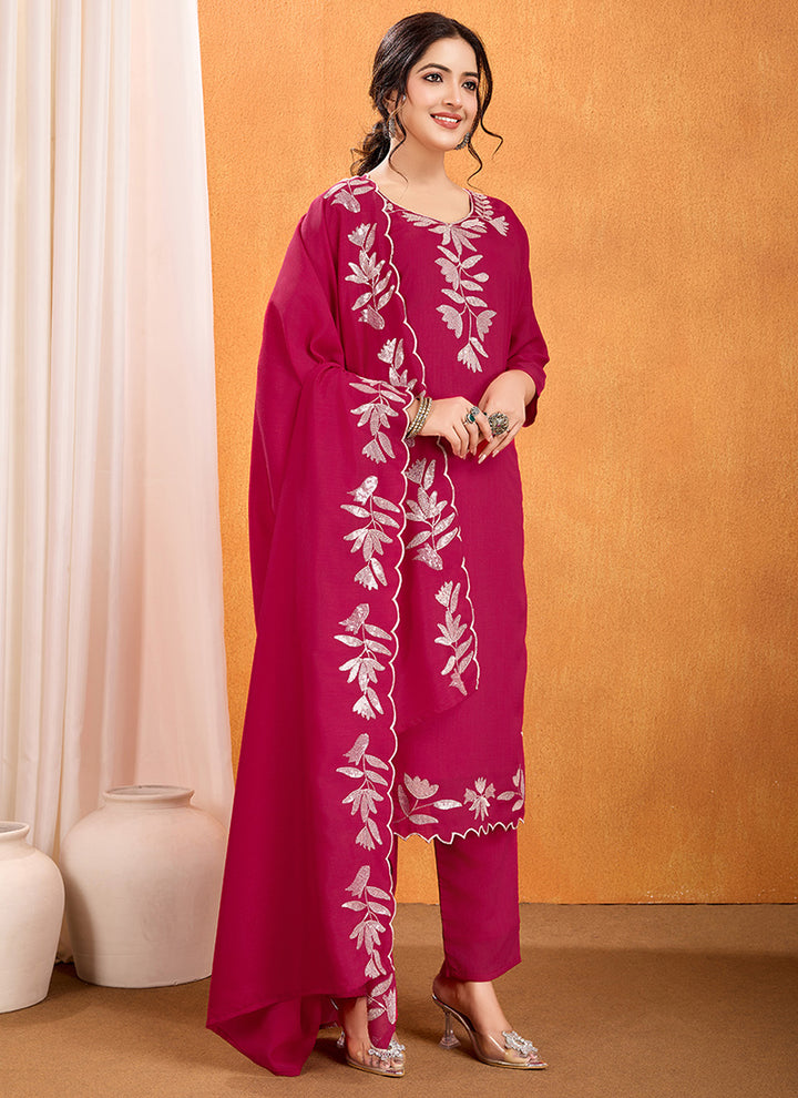 Magenta Sequence Work Kurta With Trousers & Dupatta