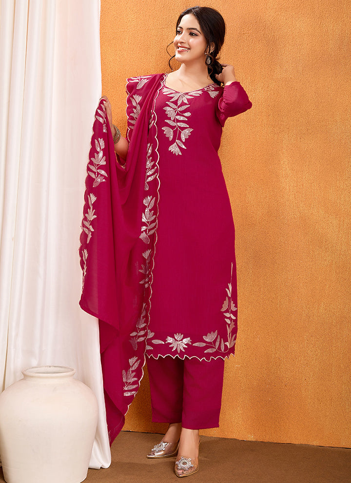 Magenta Sequence Work Kurta With Trousers & Dupatta