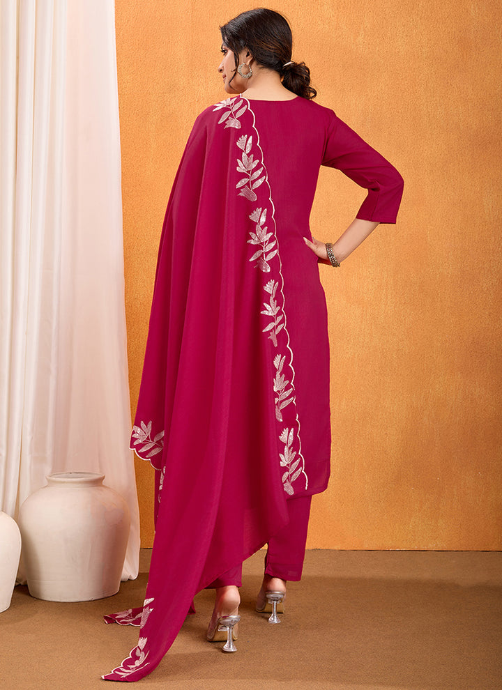 Magenta Sequence Work Kurta With Trousers & Dupatta