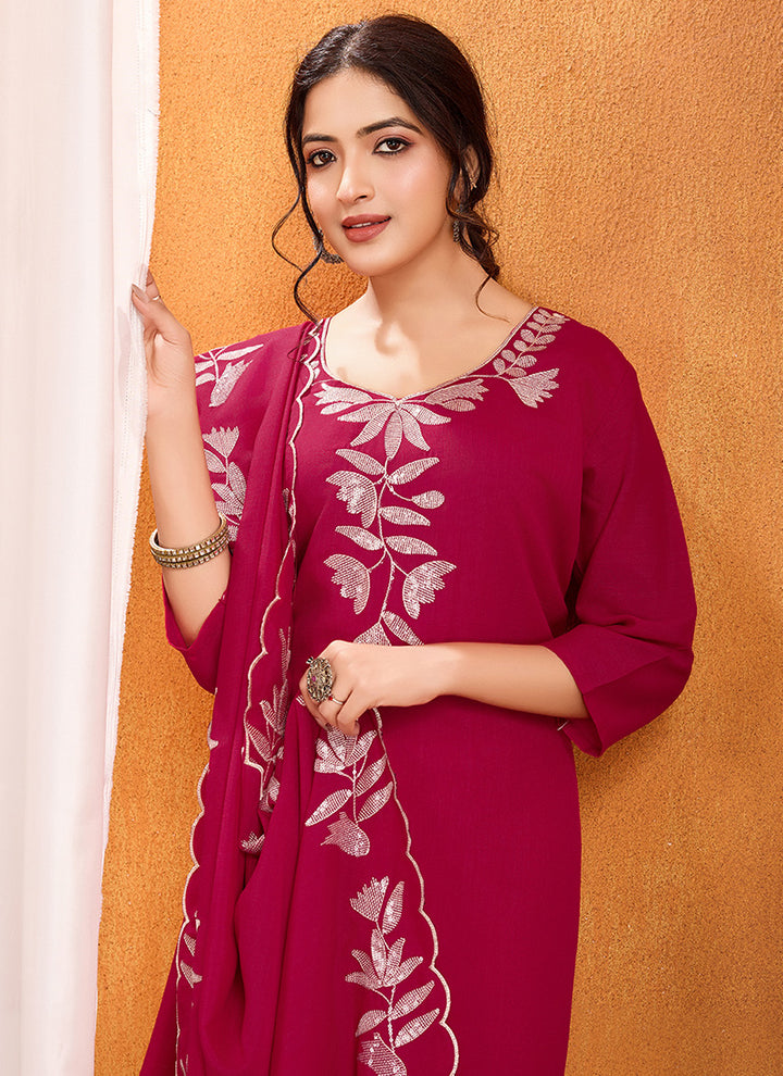 Magenta Sequence Work Kurta With Trousers & Dupatta